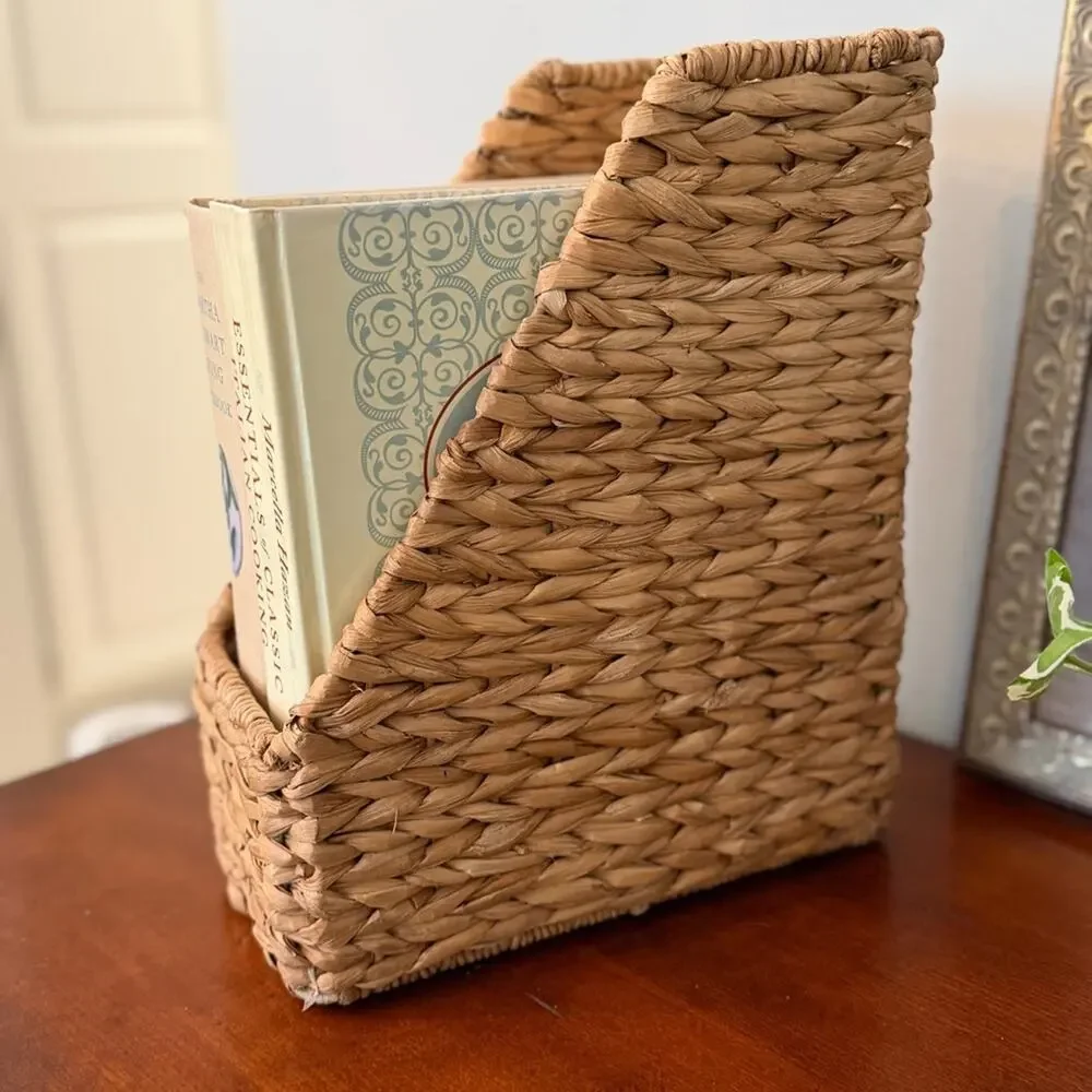 Vintage Woven Seagrass File Organizer Basket Boho Office Desktop Storage